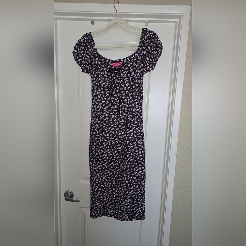 Betsey Johnson Floral Lace Up Midi Dress Feminine Date Night Brunch - Picture 3 of 4